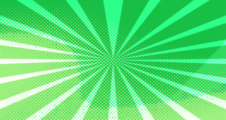 Obraz premium Vintage colorful comic book background. Green blank bubbles of different shapes. Rays, radial, halftone, dotted effects. For sale banner for your designe 1960s. Copy space vector eps10.