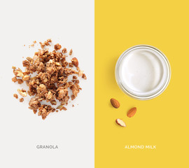 Creative layout made of granola and almond milk. Flat lay. Food concept. Macro concept.