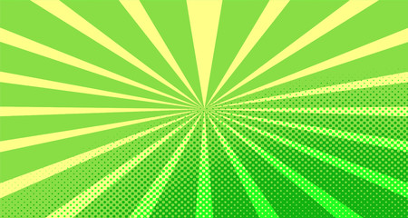 Vintage colorful comic book background. Green blank bubbles of different shapes. Rays, radial, halftone, dotted effects. For sale banner for your designe 1960s. Copy space vector eps10.