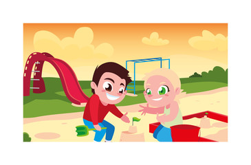 couple of children playing with sand of beach