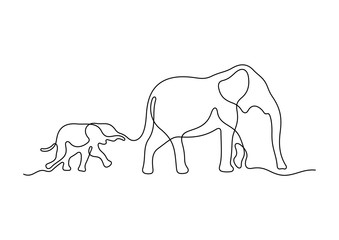 Mom and baby elephant. Continuous line vector illustration.