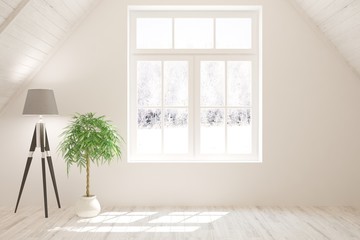 Mock up of empty room in white color with winter landscape in window. Scandinavian interior design. Architecture background. 3D illustration