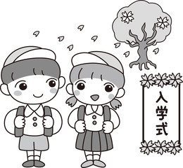 入学式　小学校　男の子　女の子　桜　ランドセル　一年生　さわやか　制服