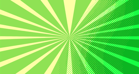 Vintage colorful comic book background. Green blank bubbles of different shapes. Rays, radial, halftone, dotted effects. For sale banner for your designe 1960s. Copy space vector eps10.