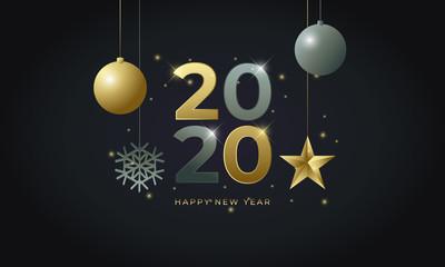 vector illustration of happy new year 2019 2020 gold and silver with christmas ball, snow flakes, and star on black background