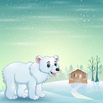 Cute polar bear cartoon in the winter background
