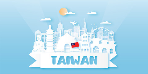 Travel Taiwan postcard, poster, tour advertising of world famous landmarks in paper cut style. Vectors illustrations