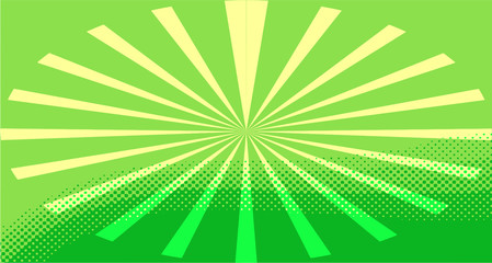 Fototapeta premium Vintage colorful comic book background. Green blank bubbles of different shapes. Rays, radial, halftone, dotted effects. For sale banner for your designe 1960s. Copy space vector eps10.