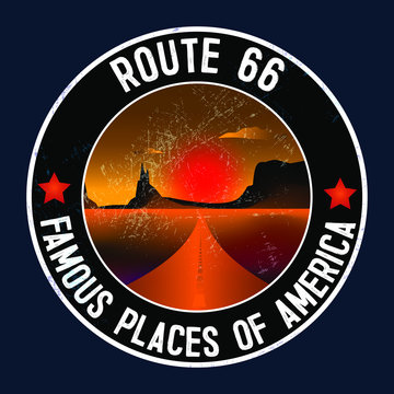 Route 66 and the Grand Canyon desert landscape sticker. Route 66, roadway with a pointer, the horizon with a sandy wasteland. Travel background concept