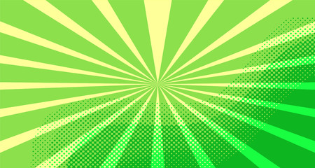 Vintage colorful comic book background. Green blank bubbles of different shapes. Rays, radial, halftone, dotted effects. For sale banner for your designe 1960s. Copy space vector eps10.