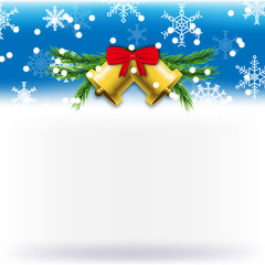 Two bells and red ribbon bow on top of pine branches in the background of snowflake and snow fall, half of blue and white tone to add text, Merry Christmas and Happy New Year.