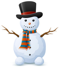 Christmas snowman with top hat and scarf on white background