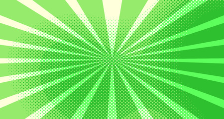 Vintage colorful comic book background. Green blank bubbles of different shapes. Rays, radial, halftone, dotted effects. For sale banner for your designe 1960s. Copy space vector eps10.