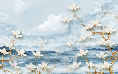 Fototapety  3d ilustracja krajobraz, wzgórza i chmury, duże białe kwiaty na cienkich gałęziach