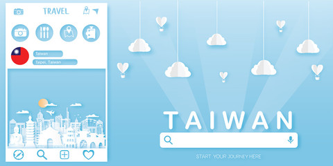 Travel Taiwan postcard, poster, tour advertising of world famous landmarks in paper cut style. Vectors illustrations