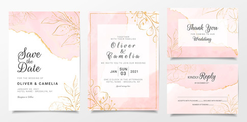 Fototapeta na wymiar Rose gold watercolor wedding invitation card template set with golden floral decoration. Abstract background save the date, invitation, greeting card, multi-purpose vector