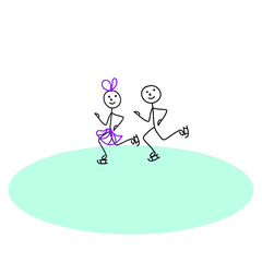 stick man boy and girl skating isolated on white background, figure skating, winter sport
