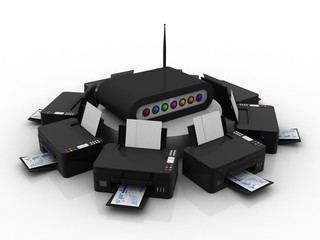 3d illustration Generic inkjet printer CMYK cartridges with wifi modem