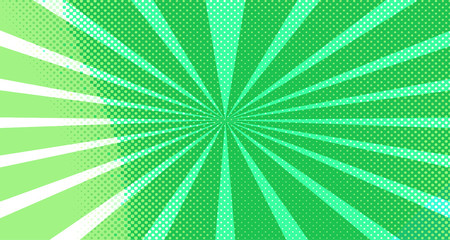 Vintage colorful comic book background. Green blank bubbles of different shapes. Rays, radial, halftone, dotted effects. For sale banner for your designe 1960s. Copy space vector eps10.