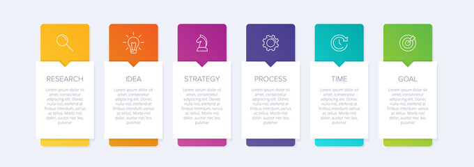 Concept of arrow business model with 6 successive steps. Six colorful graphic elements. Timeline design for brochure, presentation. Infographic design layout - obrazy, fototapety, plakaty