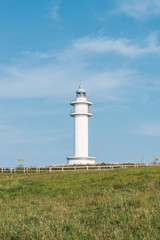 Fototapeta na wymiar White lighthouse on seashore on summer day