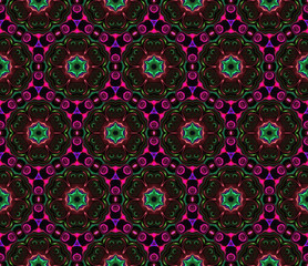 Abstract bright kaleidoscope symmetric pattern on a black background.
