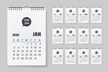 Wall calendar 2020 template. White corporate calendar new year 2020 with space for logo. Pocket calendar layout for 2020 years. Week starts from Sunday. Place for photo and company logo. Set of 12
