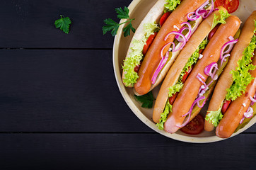 Hot dog with  sausage, pickled cucumber, tomatoes, red onions and lettuce on dark wooden background. Summer hotdog. Top view