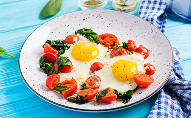 Plate with a keto diet food. Fried egg, spinach, and tomatoes. Keto, paleo breakfast.