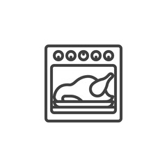 Oven with baked turkey line icon. linear style sign for mobile concept and web design. Thanksgiving Turkey Roasting outline vector icon. Symbol, logo illustration. Vector graphics