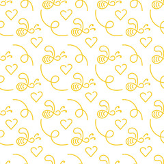 Cute doodle bee and heart. Vector seamless pattern on white background, hand drawn illustration