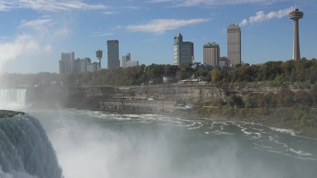 4K. Ultra HD. The famous waterfall of Niagara Falls, a popular place among tourists from all over the world. View from the United States. In the image, two waterfalls can be seen at the same time.