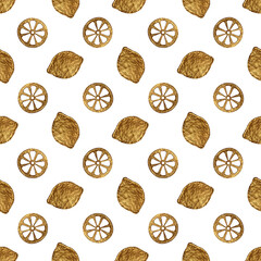 Lemons gold hand painted seamless pattern. Abstract citrus golden background. Fruit glitter texture in vintage style.