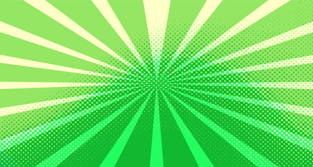 Vintage colorful comic book background. Green blank bubbles of different shapes. Rays, radial, halftone, dotted effects. For sale banner for your designe 1960s. Copy space vector eps10.