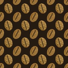 Coffee beans gold seamless pattern. Abstract hand painted golden background. Stylized texture in vintage style.