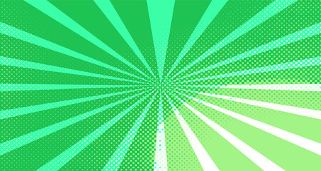 Vintage colorful comic book background. Green blank bubbles of different shapes. Rays, radial, halftone, dotted effects. For sale banner for your designe 1960s. Copy space vector eps10.