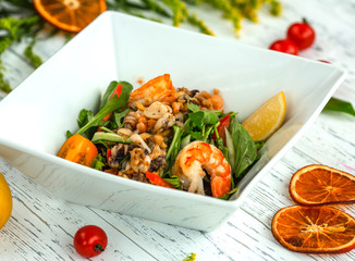 mixed salad with mushrooms and shrimps