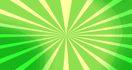 Vintage colorful comic book background. Green blank bubbles of different shapes. Rays, radial, halftone, dotted effects. For sale banner for your designe 1960s. Copy space vector eps10.