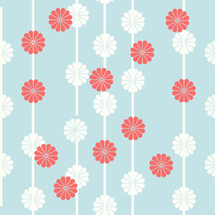 Seamless Pattern of Vertical Stripes and Diagonal Red Flowers on White and Turquoise Floral Background