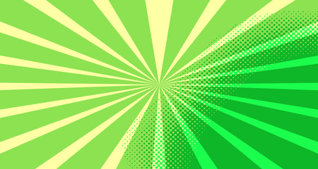 Vintage colorful comic book background. Green blank bubbles of different shapes. Rays, radial, halftone, dotted effects. For sale banner for your designe 1960s. Copy space vector eps10.