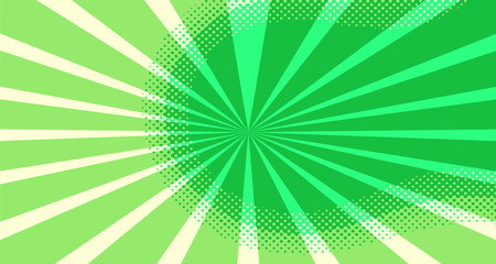 Fototapeta premium Vintage colorful comic book background. Green blank bubbles of different shapes. Rays, radial, halftone, dotted effects. For sale banner for your designe 1960s. Copy space vector eps10.