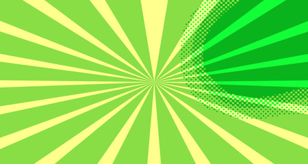 Vintage colorful comic book background. Green blank bubbles of different shapes. Rays, radial, halftone, dotted effects. For sale banner for your designe 1960s. Copy space vector eps10.