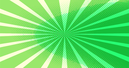 Vintage colorful comic book background. Green blank bubbles of different shapes. Rays, radial, halftone, dotted effects. For sale banner for your designe 1960s. Copy space vector eps10.