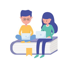 student boy and woman with laptop in book education learning online