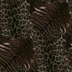 Seamless animal print. Stylized tiger and leopard skin.Gray, brown background.