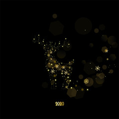 Golden deer made of lights on a black background. Vector graphics.