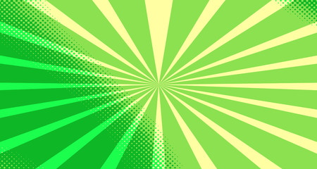 Vintage colorful comic book background. Green blank bubbles of different shapes. Rays, radial, halftone, dotted effects. For sale banner for your designe 1960s. Copy space vector eps10.