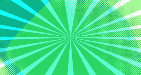 Vintage colorful comic book background. Green blank bubbles of different shapes. Rays, radial, halftone, dotted effects. For sale banner for your designe 1960s. Copy space vector eps10.
