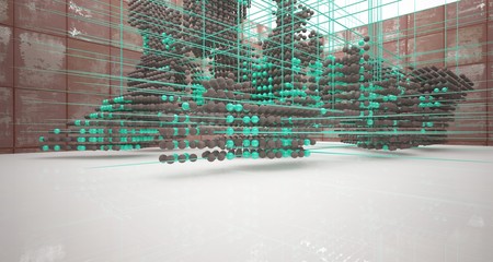 Abstract architectural concrete  interior  from an array of green spheres with large windows. 3D illustration and rendering.