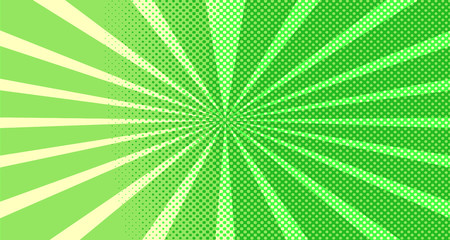 Vintage colorful comic book background. Green blank bubbles of different shapes. Rays, radial, halftone, dotted effects. For sale banner for your designe 1960s. Copy space vector eps10.